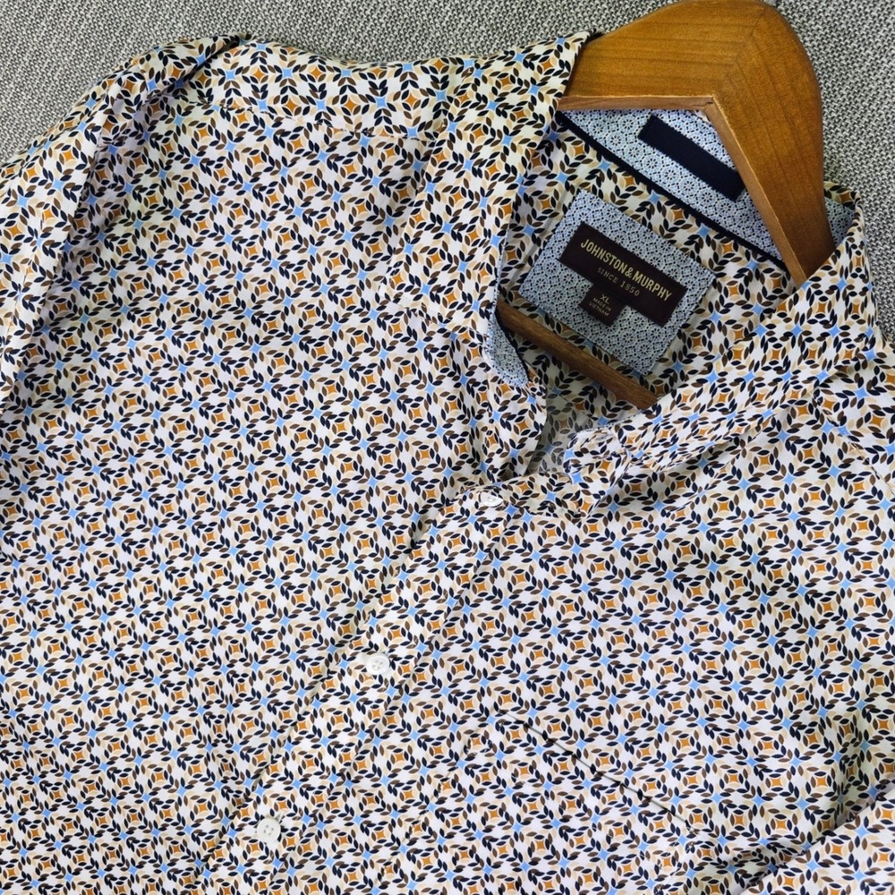 Johnston & Murphy Casual Shirt Mens XL Button-Down Blue Brown Geometric FlipCuff